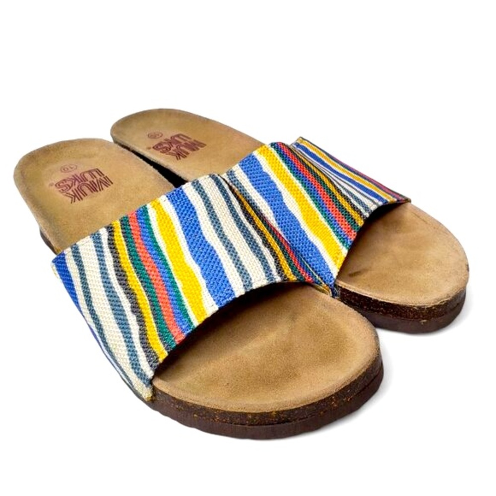 Muk Luks Slide Sandals Women's Striped Canvas Cork Side Slip On Casual Flat 10